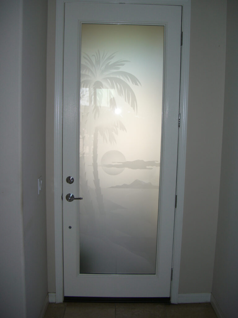 Frosted glass single front door with palm tree sunset etched design for tropical coastal home entry