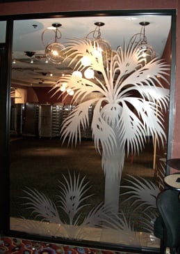 Window with a Frosted Glass Fan Palm Palm Trees Design for Semi-Private by Sans Soucie Art Glass