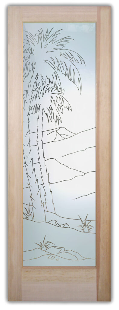 Date Palm II glass door with 1D pinstripe etched design, light semi-private palm tree scene