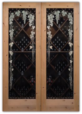 Semi-Private Wine Door with Sandblast Etched Glass Art by Sans Soucie Featuring Vineyard Grapes Trellis Pair Grapes & Ivy Design