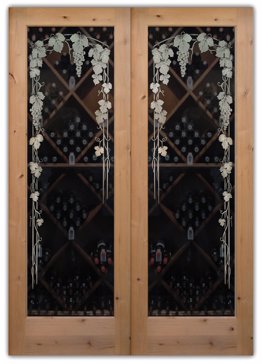 Not Private Wine Door with Sandblast Etched Glass Art by Sans Soucie Featuring Vineyard Grapes Trellis Pair Grapes & Ivy Design