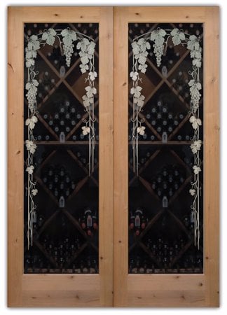 Wine Cellar Door showcasing a Frosted Glass Grapes & Ivy Design with Sandblast Etched Glass Art by Sans Soucie Vineyard Grapes Trellis Pair Design