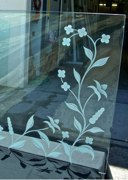 Semi-Private Fireplace Screen with Sandblast Etched Glass Art by Sans Soucie Featuring Delicate Floral Design