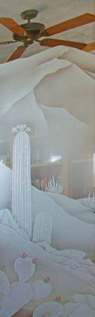 Door Glass Insert with a sandblast Frosted Glass Desert Design Custom-Designed Decorative Etched Glass