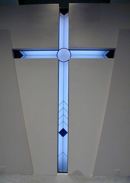 Handmade Sandblasted Frosted Glass Window for Semi-Private Featuring a Liturgical Design Desert Chapel Cross  by Sans Soucie