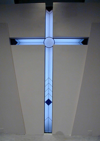 Window featuring a Frosted Glass Liturgical Design Sandblast Etched Glass Desert Chapel Cross  Design by Sans Soucie