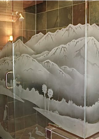 Shower Enclosure featuring a Frosted Glass Landscapes Design Sandblast Etched Glass Desert Golf Course Design by Sans Soucie