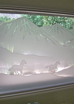 Handmade Sandblasted Frosted Glass Window for Semi-Private Featuring a Western Design Galloping in the Vistas by Sans Soucie