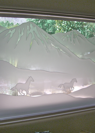 Window featuring a Frosted Glass Western Design Sandblast Etched Glass Galloping in the Vistas Design by Sans Soucie