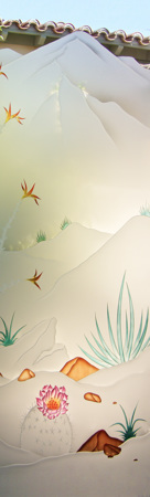 Door Glass Insert with Frosted Glass Desert Mountains Foliage Design by Sans Soucie