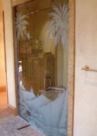 Shower Enclosure showcasing a Frosted Glass Palm Trees Design with Sandblast Etched Glass Art by Sans Soucie Date Palm Single Mirrored Design