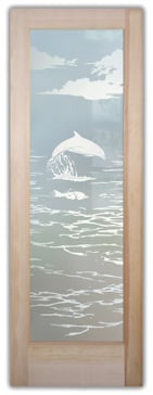 Handcrafted Etched Glass Front Door by Sans Soucie Art Glass with Custom Oceanic Design Called Dolphins in the Shimmer Creating Private