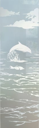 Door Glass Insert featuring Frosted Glass Design Etched Glass by Sans Soucie Art Glass with Custom Oceanic Design Dolphins in the Shimmer