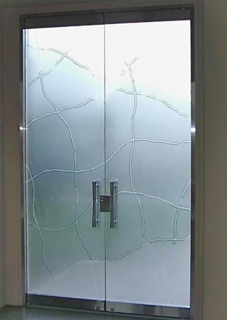 All Glass Front Door featuring Frosted Glass Design Etched Glass by Sans Soucie Art Glass with Custom Geometric Design Linean