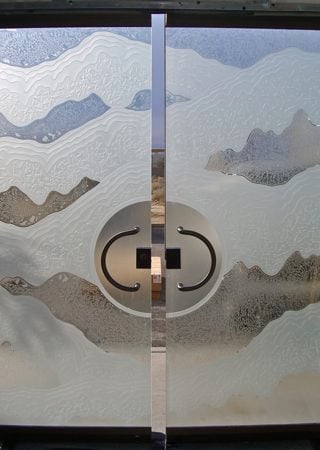 All Glass Front Door featuring Frosted Glass Design Etched Glass by Sans Soucie Art Glass with Custom Abstract Design Rugged Hills