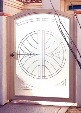 Handcrafted Etched Glass Gate Insert by Sans Soucie Art Glass with Custom Geometric Design Called Dream Catcher Creating Semi-Private