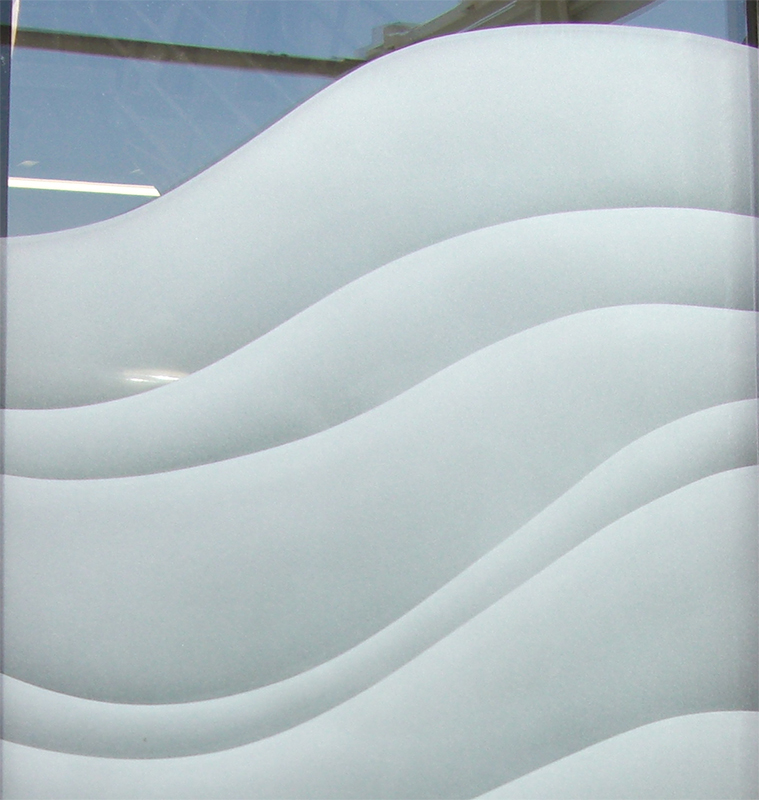 Close-up of 2D frosted glass with semi-private privacy and flowing sandblasted wave pattern