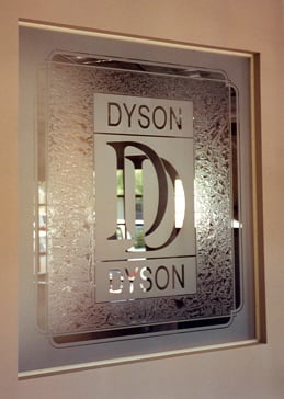 Art Glass Wall Sign Featuring Sandblast Frosted Glass by Sans Soucie for Semi-Private with Logos Dyson & Dyson (similar look) Design