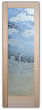 Semi-Private Interior Door with Sandblast Etched Glass Art by Sans Soucie Featuring Bonsai Egret Asian Design