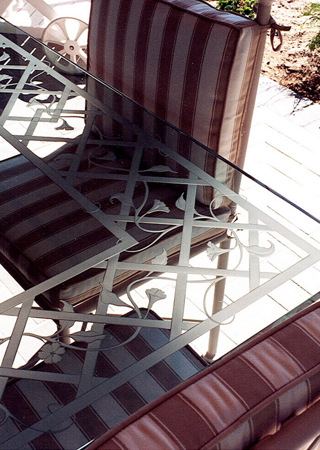 Glass Dining Table with a Frosted Glass Morning Glory Lattice Floral Design for Semi-Private by Sans Soucie Art Glass