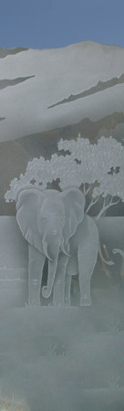 Interior Glass Insert showcasing a Frosted Glass Wildlife Design with Sandblast Etched Glass Art by Sans Soucie Elephants in the Wild Design