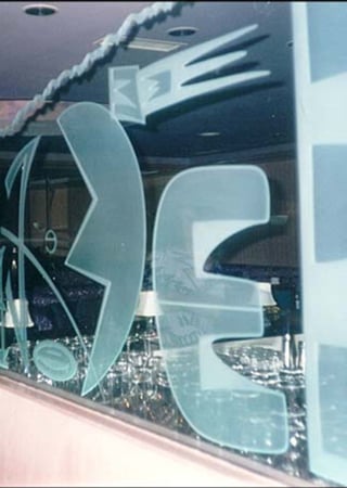 Partition featuring Frosted Glass Design Etched Glass by Sans Soucie Art Glass with Custom Logos Design Elroys (similar look)