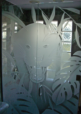 Shower Enclosure with a Frosted Glass Eye of the Tiger Wildlife Design for Semi-Private by Sans Soucie Art Glass