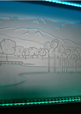 Window with a sandblast Frosted Glass Landscapes Design Custom-Designed Decorative Etched Glass