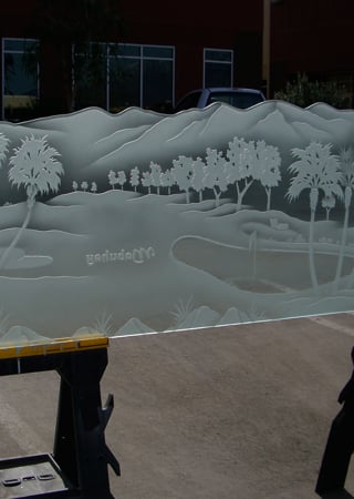 Partition with a sandblast Frosted Glass Landscapes Design Custom-Designed Decorative Etched Glass