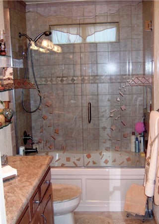 Shower Enclosure featuring Frosted Glass Design Etched Glass by Sans Soucie Art Glass with Custom Geometric Design Fallaway