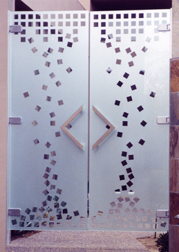 Semi-Private All Glass Gate with Sandblast Etched Glass Art by Sans Soucie Featuring Falling Squares Geometric Design