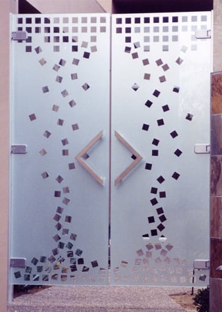 All Glass Gate showcasing a Frosted Glass Geometric Design with Sandblast Etched Glass Art by Sans Soucie Falling Squares Design