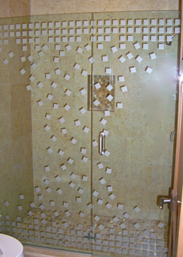 Not Private Shower Enclosure with Sandblast Etched Glass Art by Sans Soucie Featuring Falling Squares Geometric Design