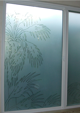 Window with a Frosted Glass Fan Palm Palm Trees Design for Semi-Private by Sans Soucie Art Glass