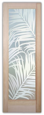 Interior Door featuring a Frosted Glass Tropical Design Sandblast Etched Glass Fern Leaves Design by Sans Soucie