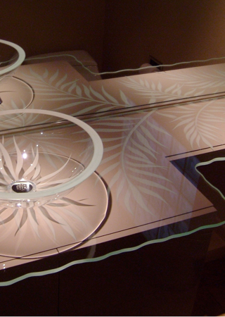 Glass Counter with a sandblast Frosted Glass Tropical Design Custom-Designed Decorative Etched Glass