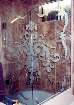 Shower Enclosure with Frosted Glass Floral Filigree Flowers Design by Sans Soucie