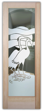 Handcrafted Etched Glass Interior Door by Sans Soucie Art Glass with Custom Tropical Design Called Flamingos Creating Not Private