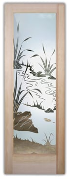 Handcrafted Etched Glass Interior Door by Sans Soucie Art Glass with Custom Foliage Design Called Flowing Streams Creating Semi-Private