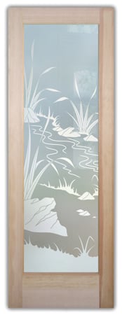 Front Door featuring Frosted Glass Design Etched Glass by Sans Soucie Art Glass with Custom Foliage Design Flowing Streams