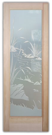 Interior Door featuring Frosted Glass Design Etched Glass by Sans Soucie Art Glass with Custom Foliage Design Flowing Streams