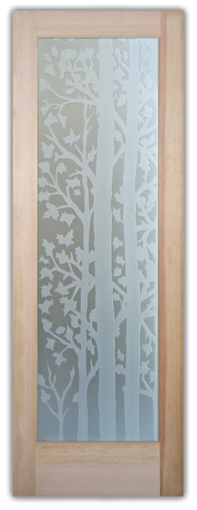 Natural wood pantry door with frosted glass featuring an etched forest tree design.