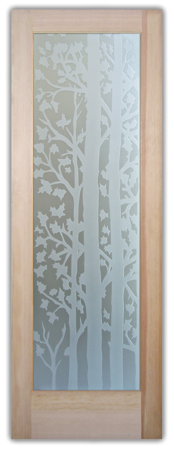 Interior Door showcasing a Frosted Glass Tree Design with Sandblast Etched Glass Art by Sans Soucie Forest Trees Design