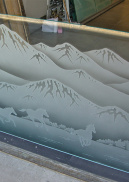 Handmade Sandblasted Frosted Glass Partition for Semi-Private Featuring a Western Design Galloping in the Vistas by Sans Soucie
