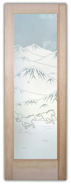 Handmade Sandblasted Frosted Glass Interior Door for Private Featuring a Western Design Galloping in the Vistas by Sans Soucie
