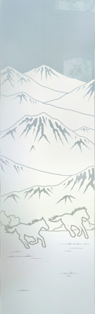 Door Glass Insert featuring a Frosted Glass Western Design Sandblast Etched Glass Galloping in the Vistas Design by Sans Soucie