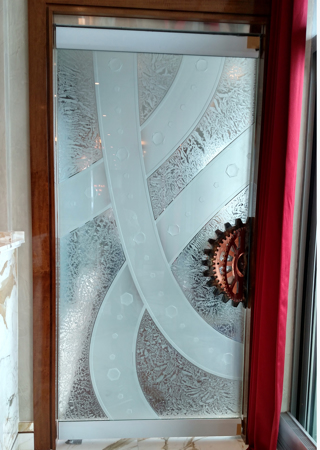 Interior Glass Door featuring Frosted Glass Design Etched Glass by Sans Soucie Art Glass with Custom Abstract Design Ratchet Gears