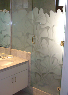 Art Glass Shower Enclosure Featuring Sandblast Frosted Glass by Sans Soucie for Semi-Private with Asian Ginkgo Design