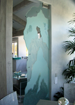 Handcrafted Etched Glass Divider by Sans Soucie Art Glass with Custom Abstract Design Called Glacier's End Creating Private