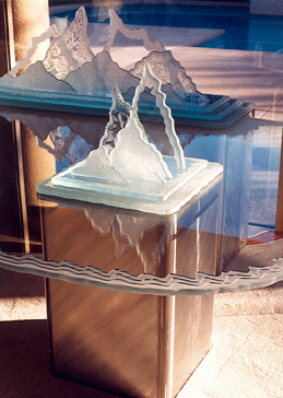 Sculpture with a Frosted Glass Glacier Peaks Abstract Design for Semi-Private by Sans Soucie Art Glass